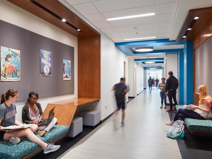 Students study and walk to class in the new George Hall science building